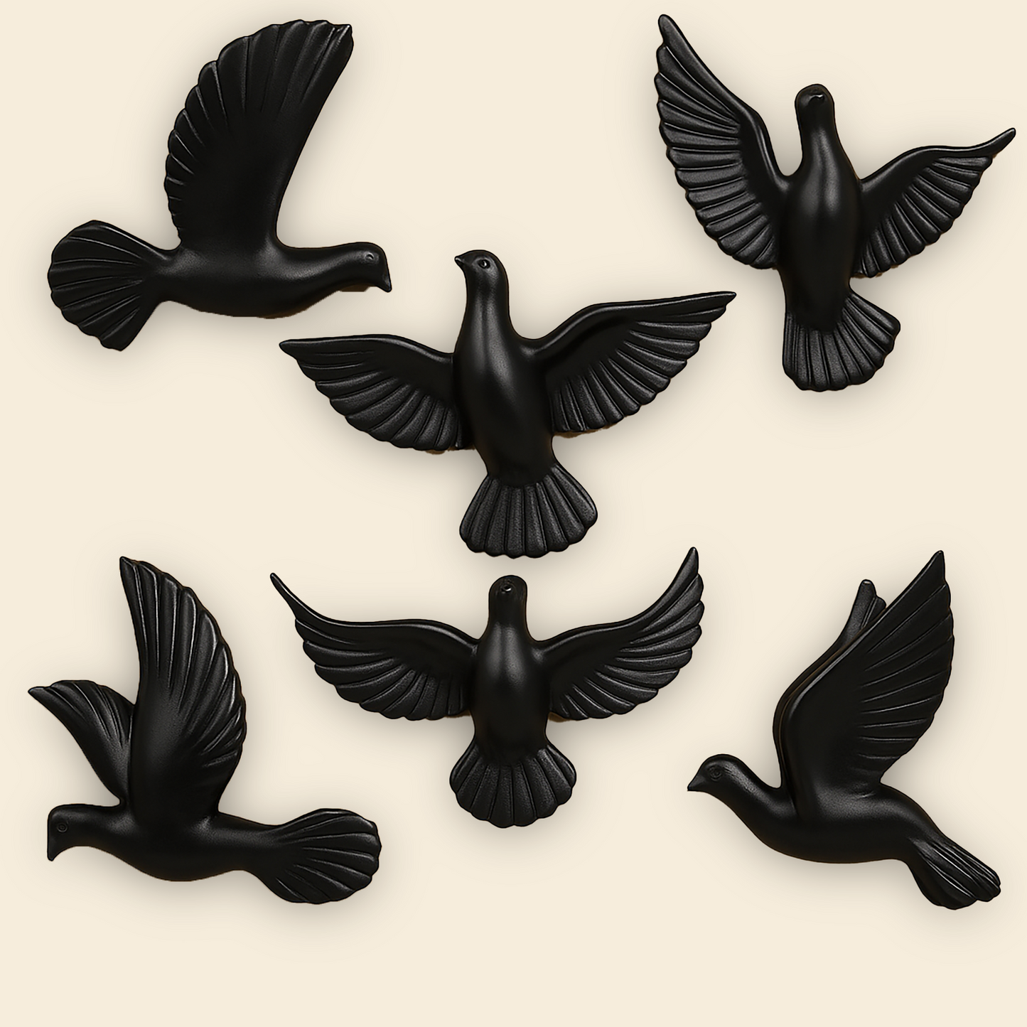 Golden and black pigeon wall sculpture set, featuring six handcrafted resin birds in flight.