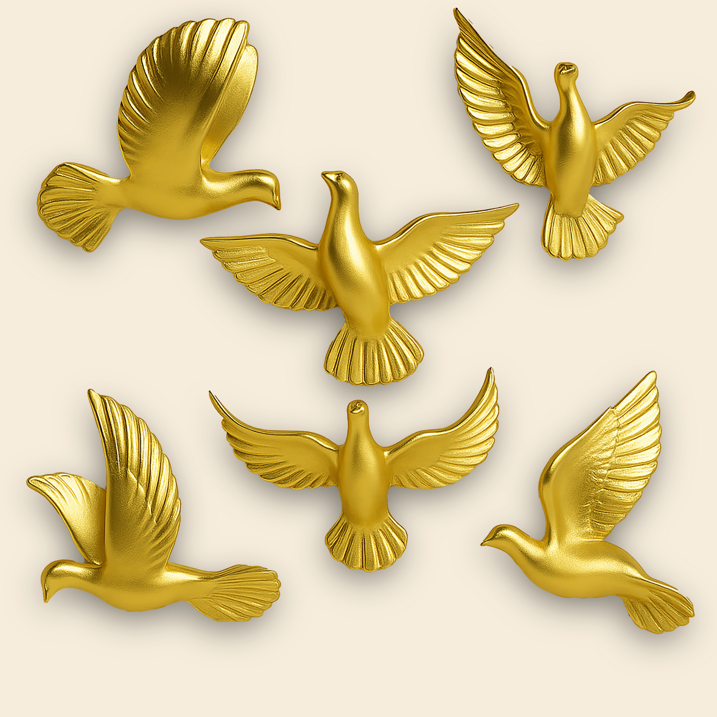 Golden and black pigeon wall sculpture set, featuring six handcrafted resin birds in flight.
