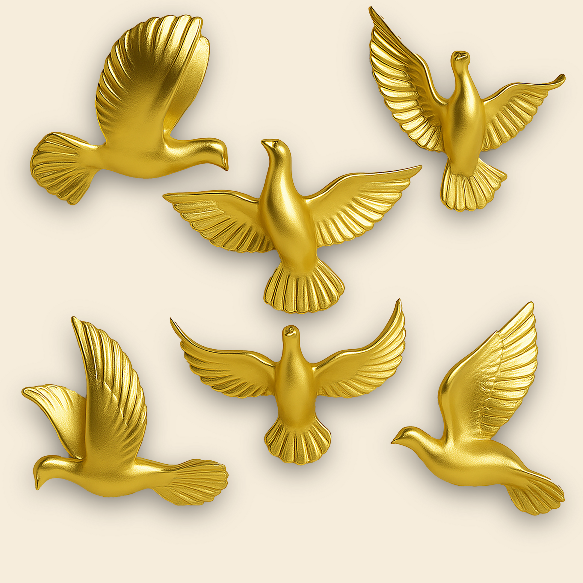 Golden and black pigeon wall sculpture set, featuring six handcrafted resin birds in flight.